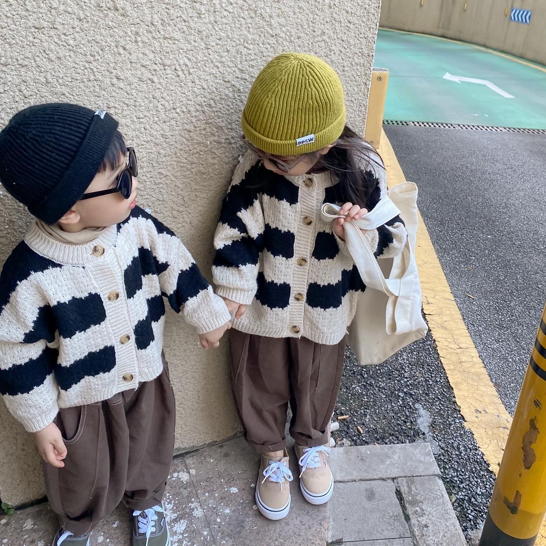 腔调日韩系儿童黑白条纹开衫男女宝宝钩针毛衣针织衫2023春秋装