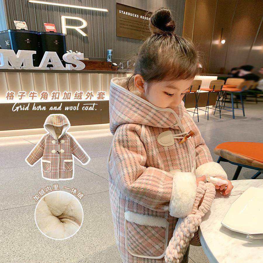 女童毛呢外套加绒儿童新款中长款牛角扣风衣宝宝休闲呢子大衣
