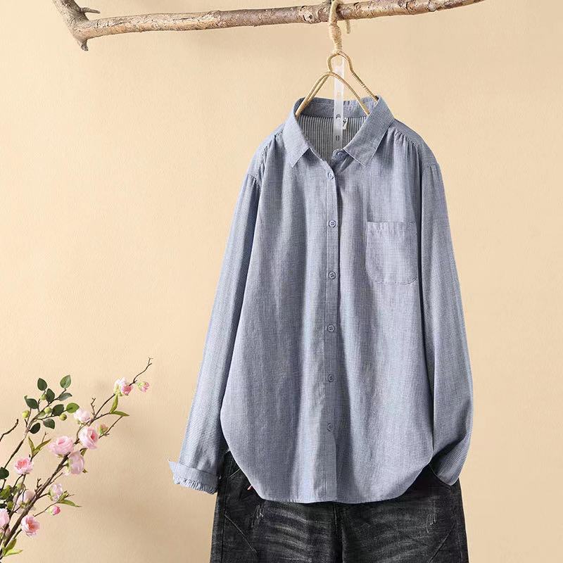 春秋纯棉衬衣简约通勤千鸟格衬衫女宽松休闲翻领长袖开衫上衣