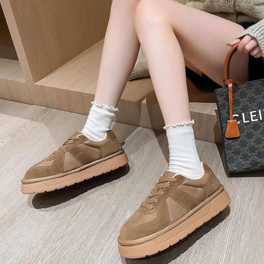 8392厚底加绒板鞋女2023冬季新款美拉德真皮保暖防滑棉鞋