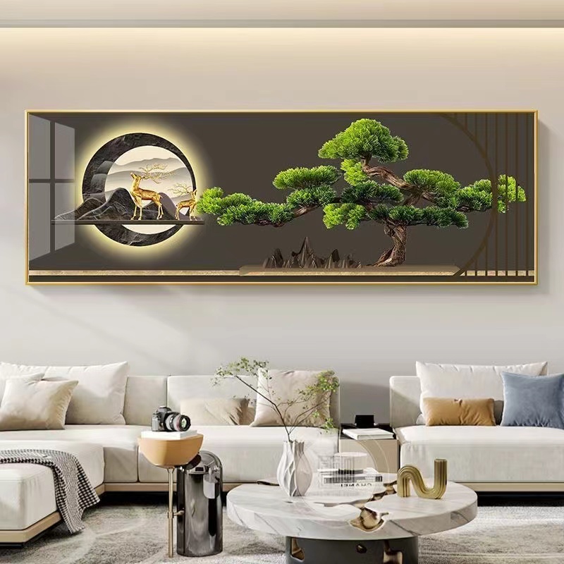 新中式时尚简约轻奢大气办公室横幅客厅中堂背景墙高端带灯装饰画