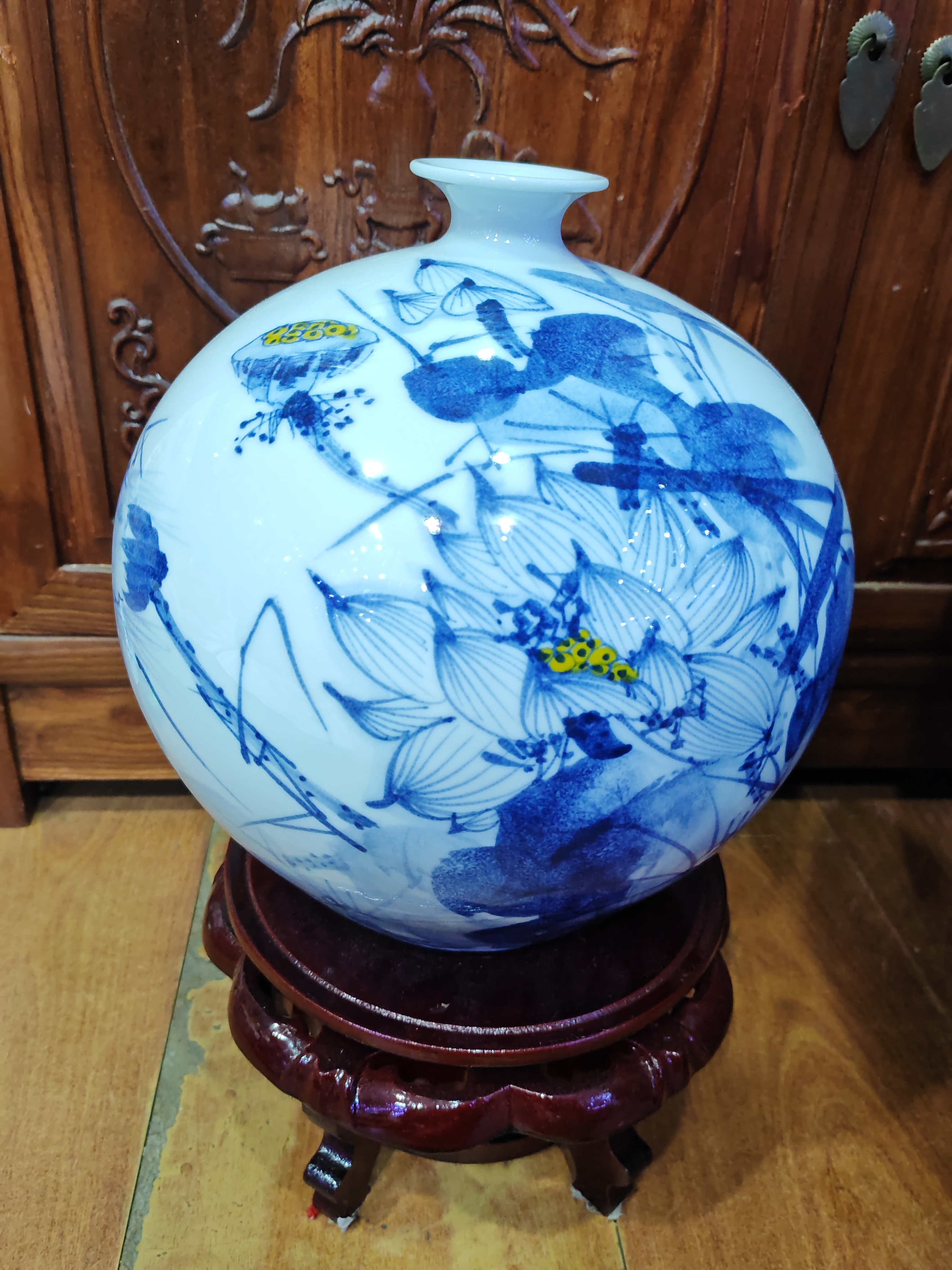 景德镇，青花石榴瓶，一路连升朱凤英大师作