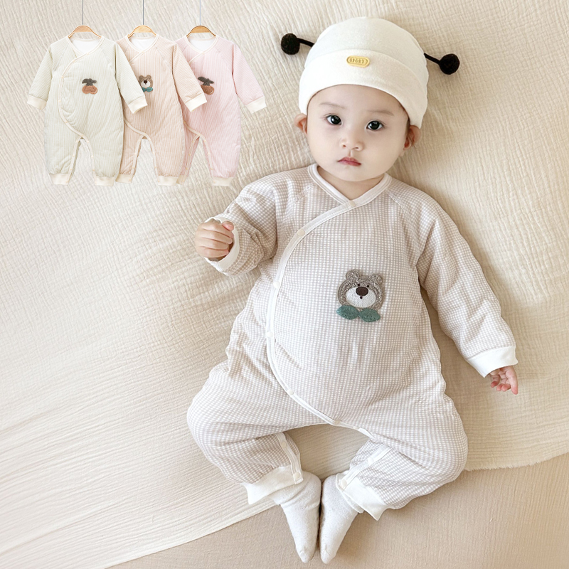 秋冬季宝宝连体衣新生儿纯棉护肚保暖蝴蝶衣婴儿薄棉夹棉哈衣爬服