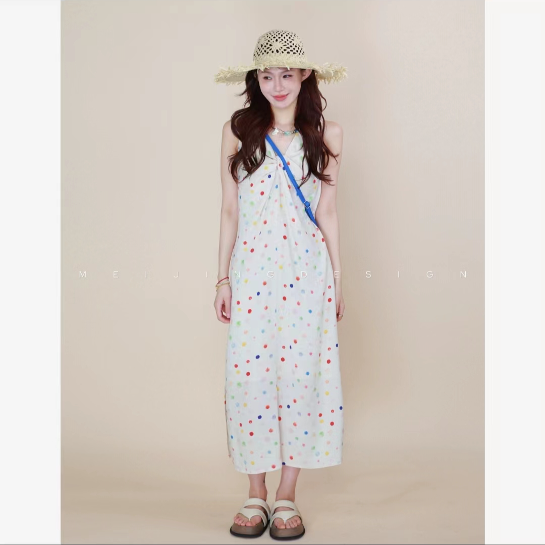 1美静【彩虹糖】花色波点棉麻长款碎花夏季连衣裙长裙XMZH3715