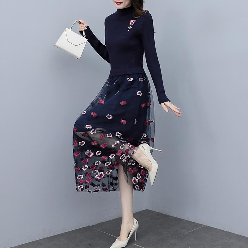 针织连衣裙子女士装春秋冬季2024年新款假两件打底气质长袖中长裙