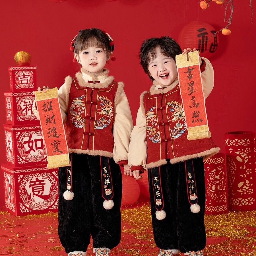 汉服儿童冬装宝宝中国风龙年套装宝宝过年喜庆拜年服改良