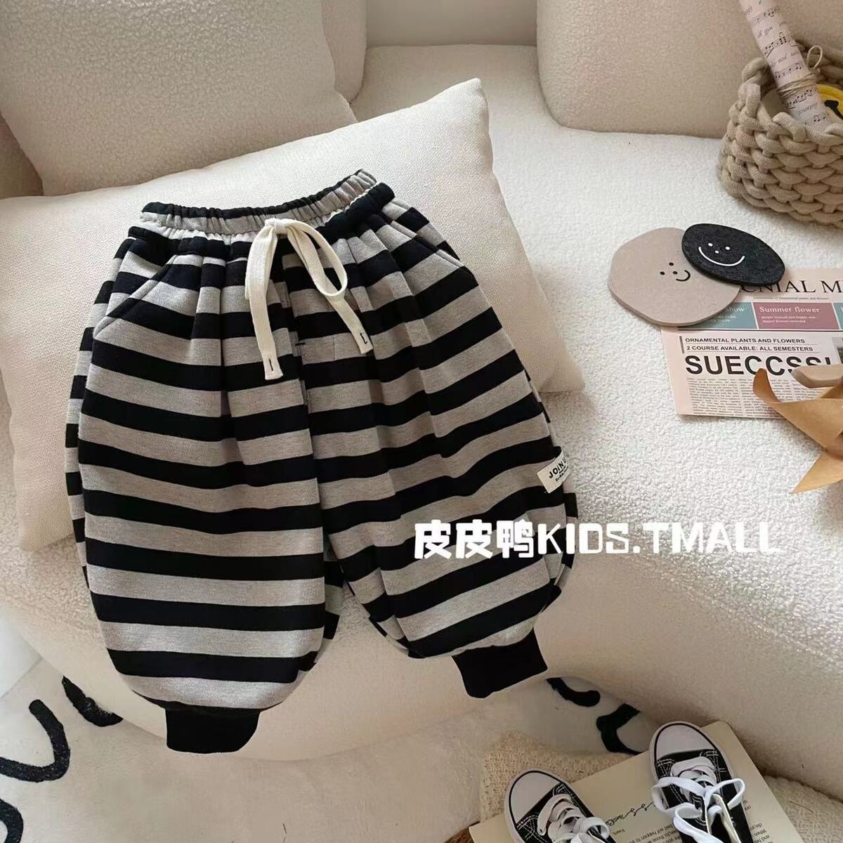 【推荐】男童加绒卫裤2023冬装一体绒条纹束腿长裤儿童加厚