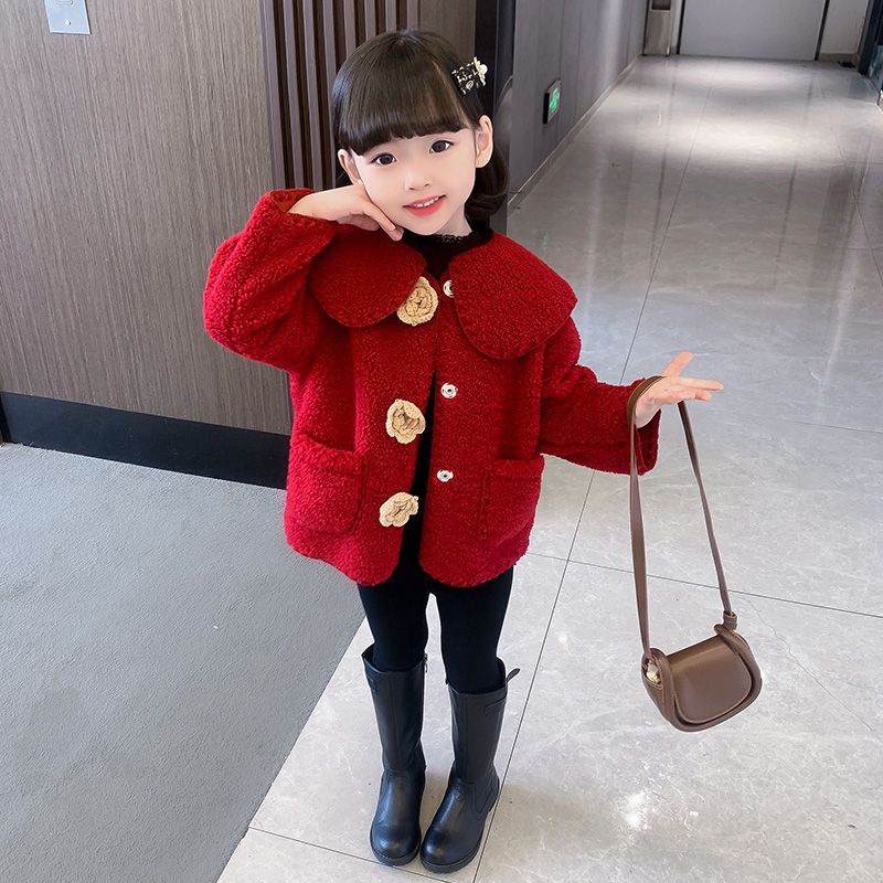 女童加绒外套2023新款女宝宝皮毛一体毛毛衣儿童秋冬装羊羔毛上衣
