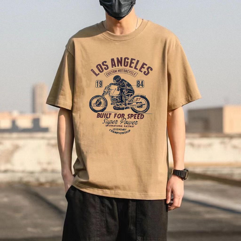 纯棉休闲宽松T恤美式复古圆领短袖上衣港风男生衣服高级感6692