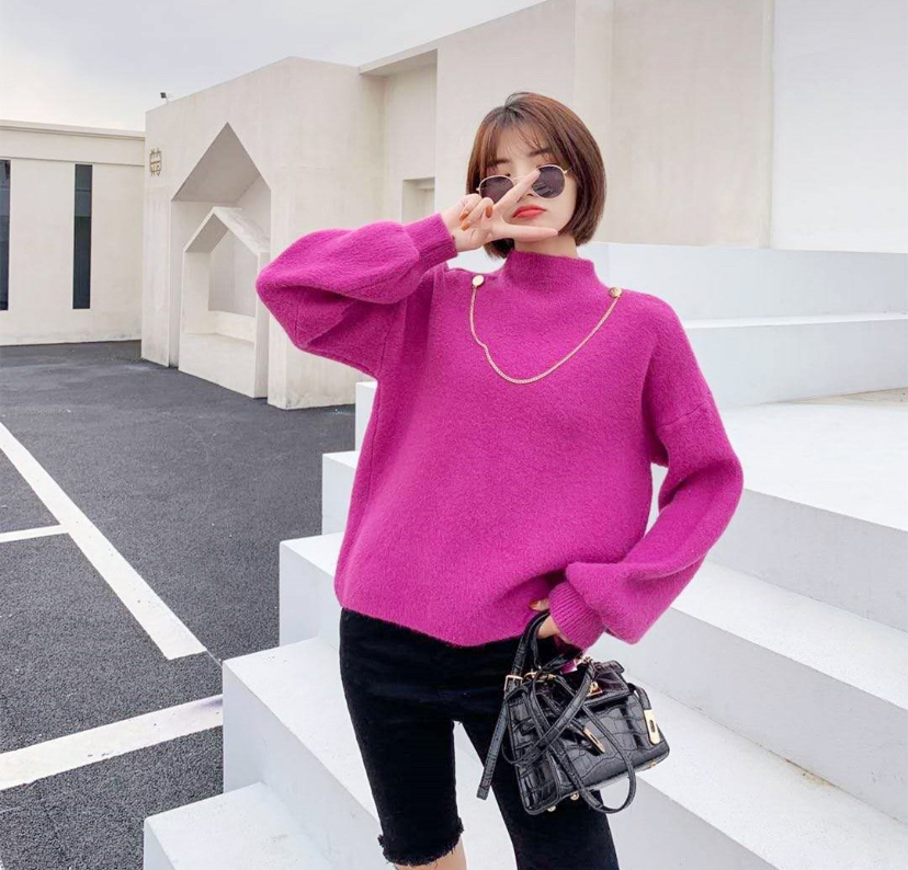 网红针织时尚半高领加厚秋冬套头百搭高领毛女士宽松纯色冬季圆领