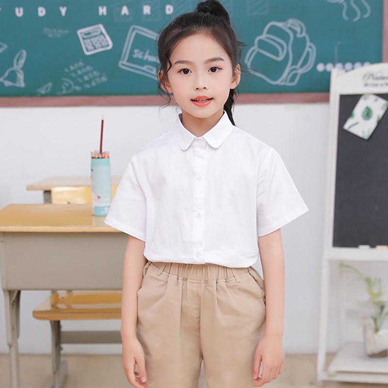 童装短袖白衬衫纯棉儿童夏季薄款白色衬衣中大童表演服小学生校服
