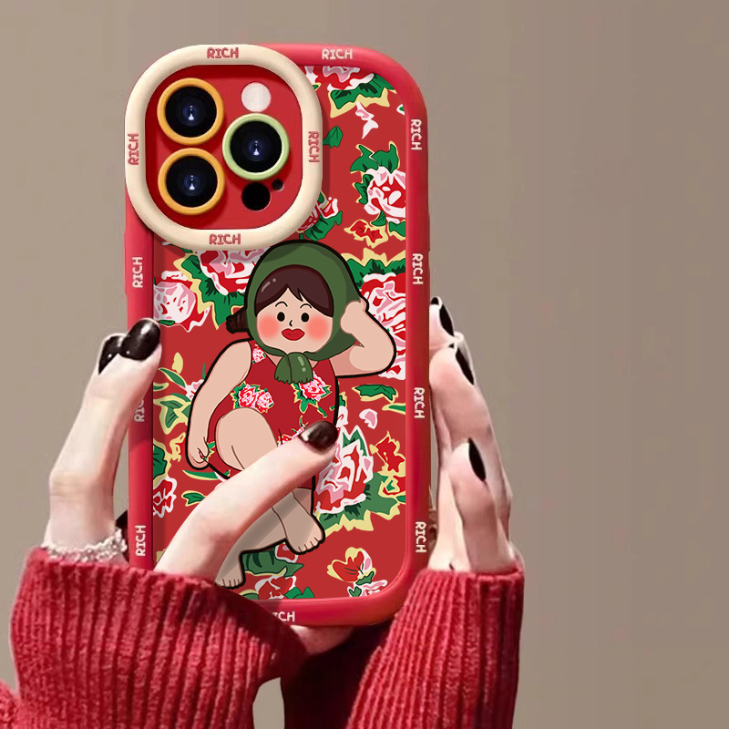 大红花妞苹果15promax手机壳iphone14全包13软12新年11泡芙x红7/8