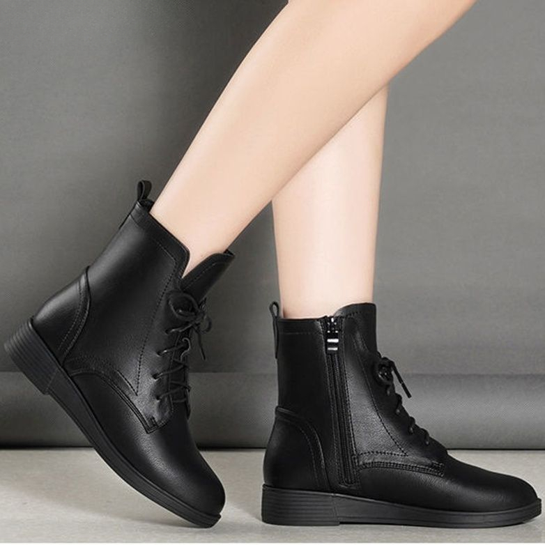 系带英伦风软皮马丁靴女2023秋冬款单靴加绒平底短棉靴百