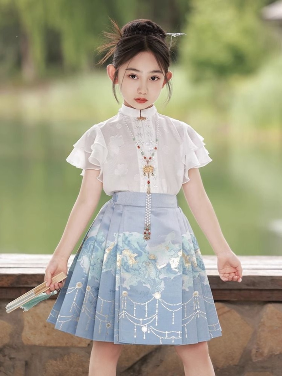 女童中国风马面裙套装夏季短款汉服古装明制儿童古风唐装薄款