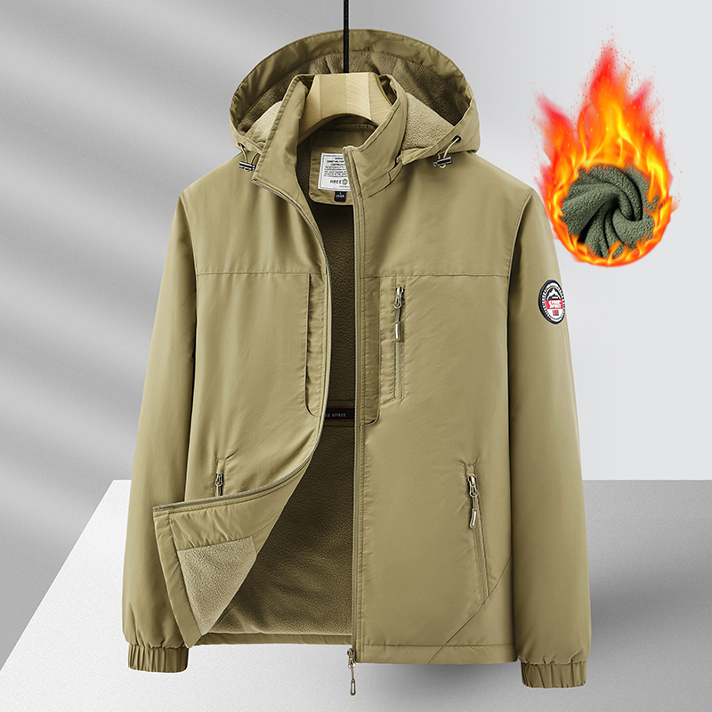 加绒保暖连帽冲锋衣外套男士户外休闲多口袋加厚夹克秋冬2023新款