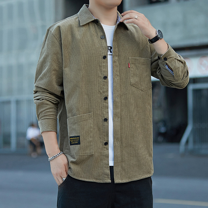 纯棉灯芯绒衬衫男士长袖中老年爸爸新款宽松休闲时尚百搭衬衣外套
