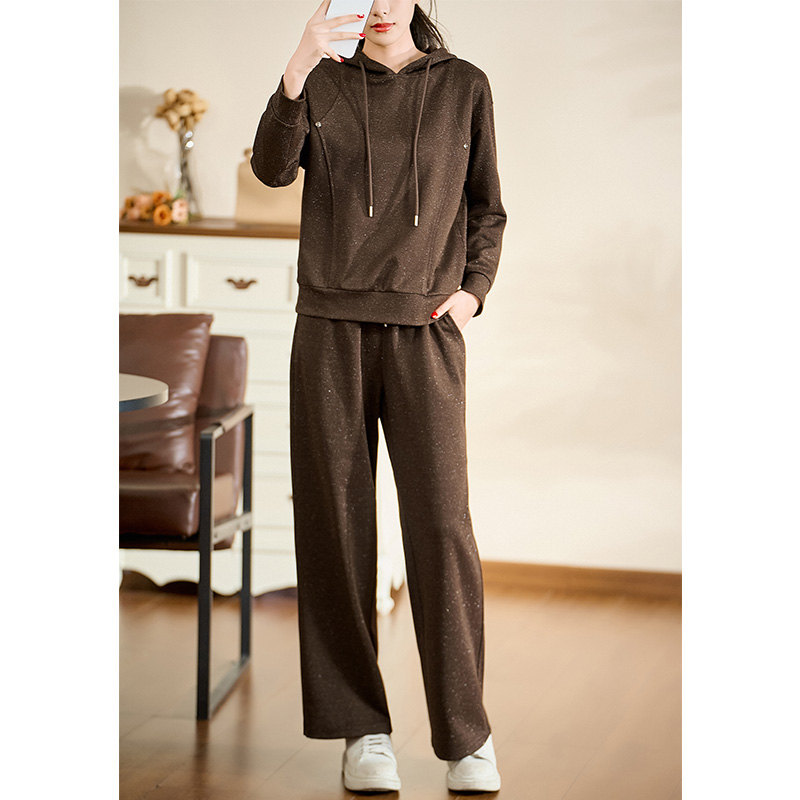 【两件套】迪欧芙2024秋冬新款棕色加厚保暖上下套装#QTZ87523