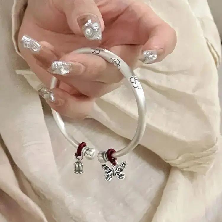 925银手镯 925银手镯 足银999.9不褪色 实心重工古风梅花蝴蝶小花