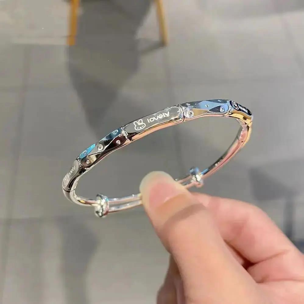 足银手镯  小兔9999纯银手镯女实心推拉足银镯子百搭小众送女友礼