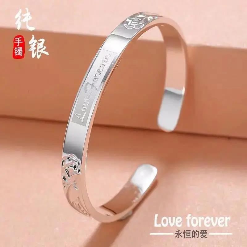 足银手镯  正品女9999纯银通体实心推拉银镯子送老婆礼物