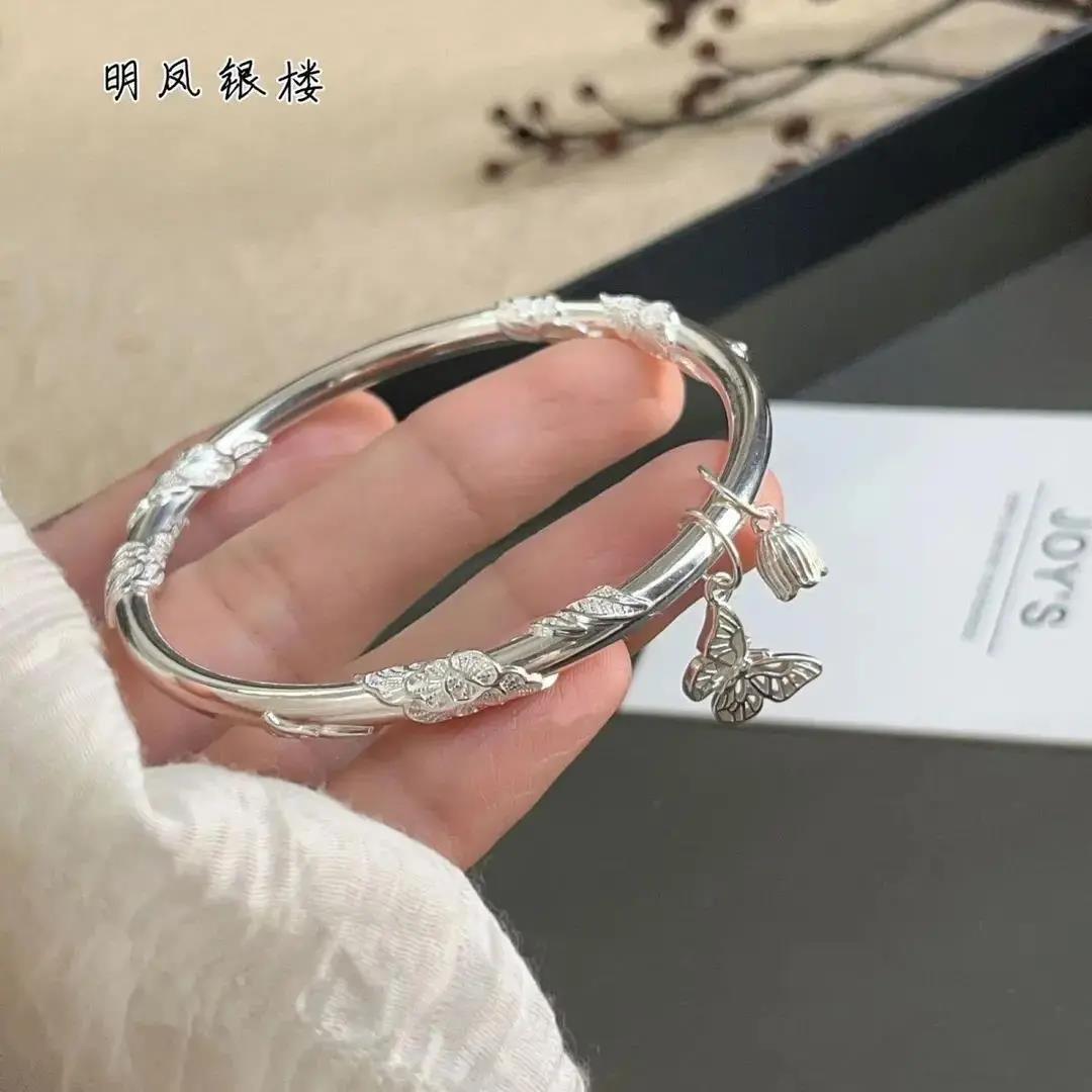 足银手镯  正品9999闭口纯银手镯女花丝足银镯繁花蝴蝶花蕾送女友