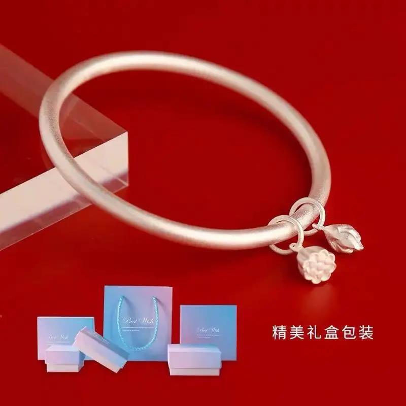 足银手镯  两世欢银手镯环女9999纯银莲花莲蓬文艺清新闭口古法