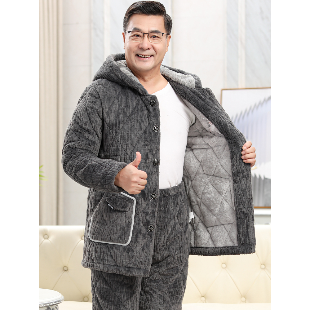 【小扬哥推荐】睡衣男士秋冬季三层加厚加绒珊瑚绒夹棉中老年保暖