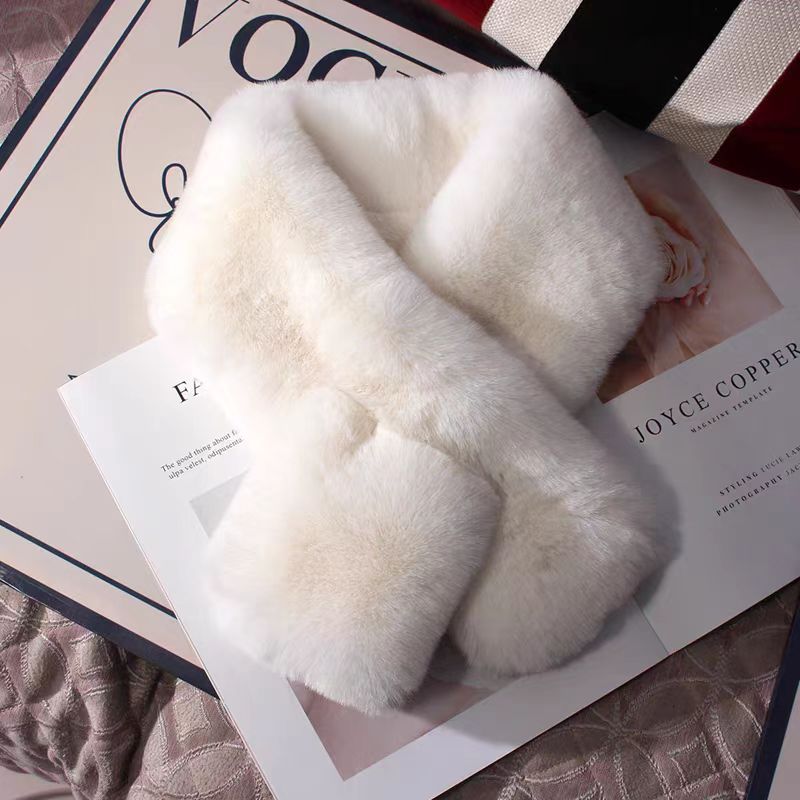 超温柔奶油风围巾毛绒绒围脖仿獭兔毛加厚保暖交叉毛领韩国冬天女