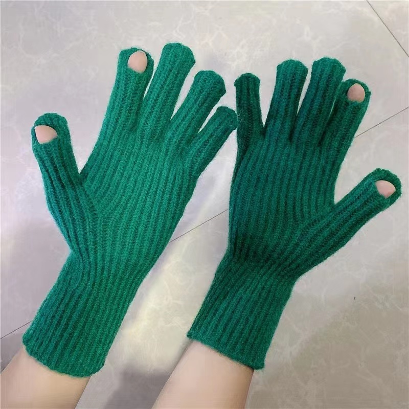 秋冬季韩板毛线针织手套漏指可触屏纯色简约分指保暖手套可骑车