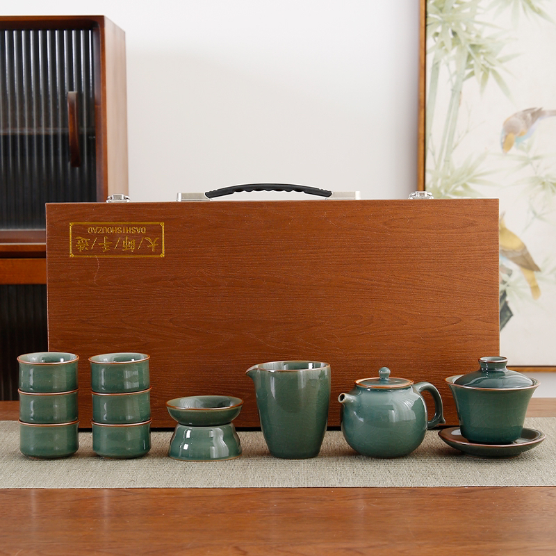 A 91(礼盒装)蜜色哥窑冰裂有壶有盖碗整套