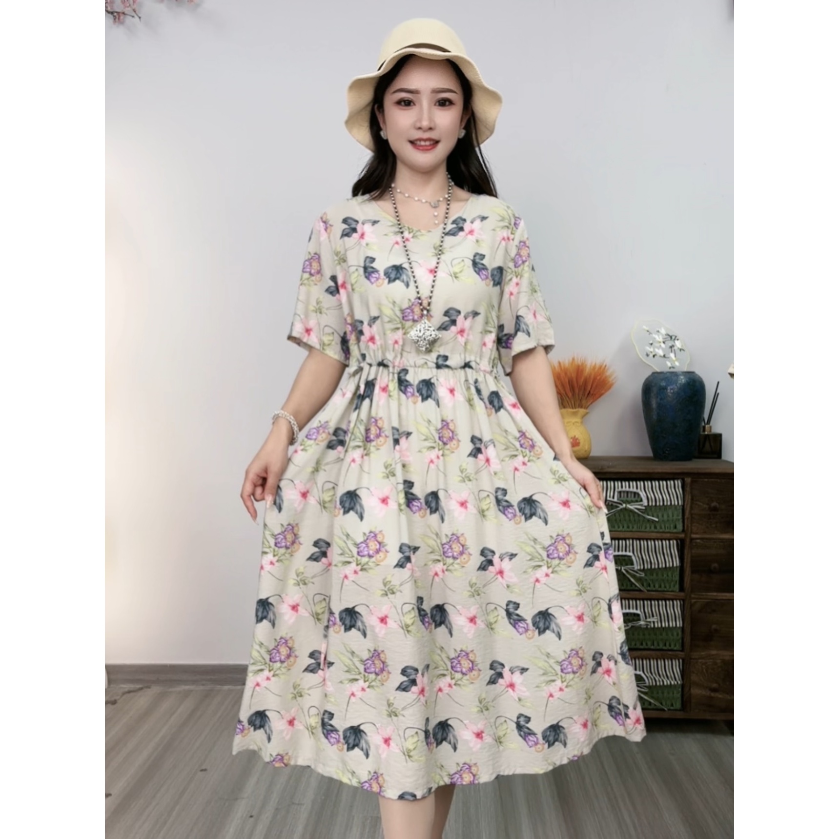 48【爆哥衣品原创】新款短袖百合花春夏季V领连衣裙收腰显瘦长裙