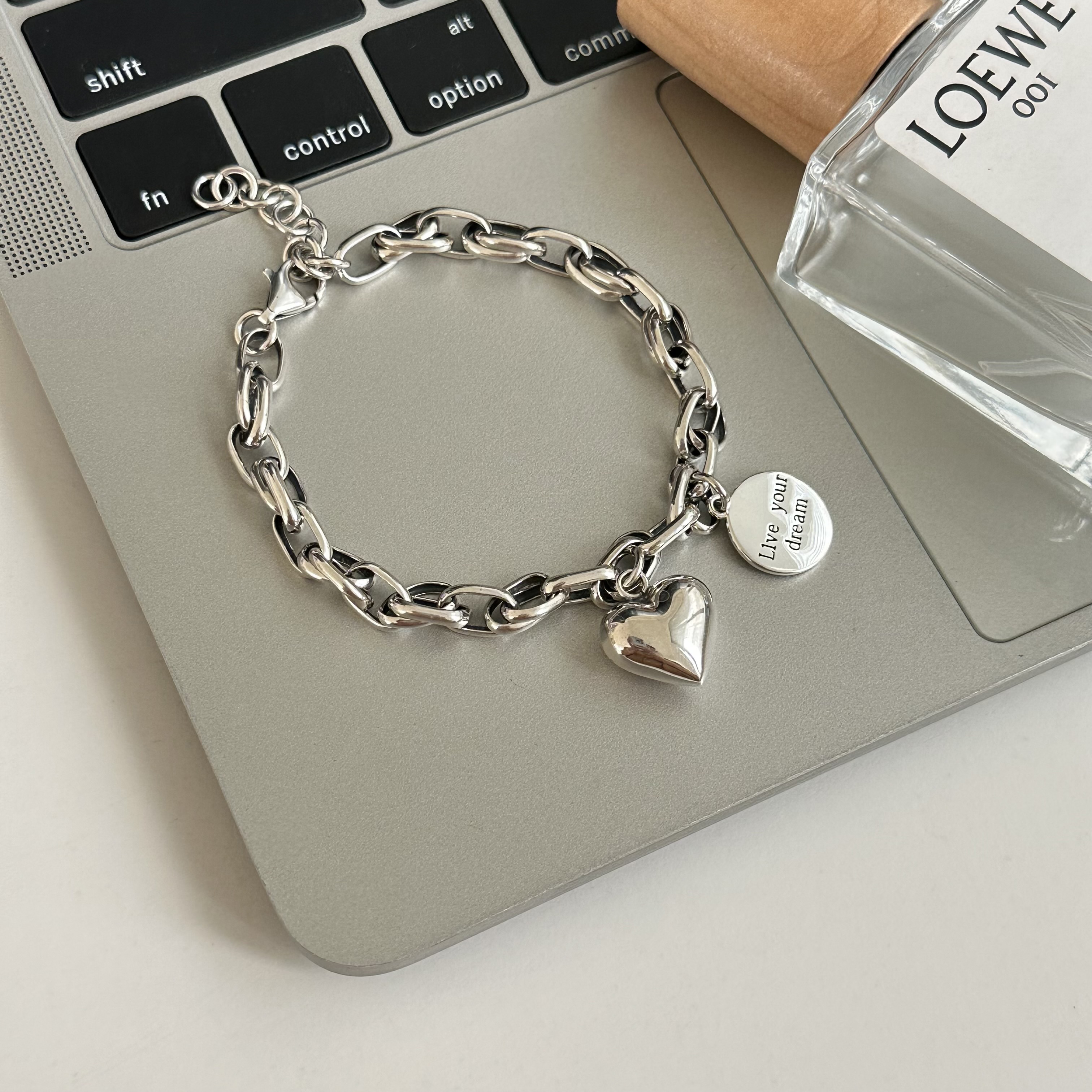 韩国ins风时尚简约百搭链条光面桃心英文圆盘手链 3245