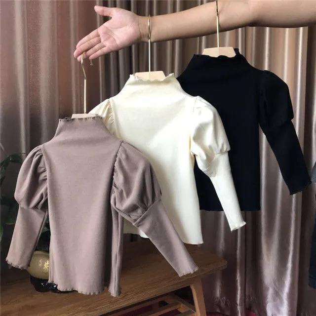 【馨妈咪】不起球新款女童装高领打底衫儿童泡泡袖休闲上衣韩版潮