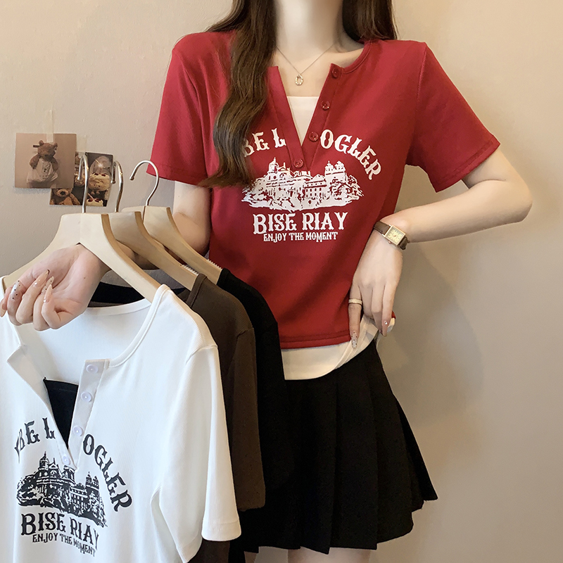 大码女装2024夏季新款胖mm假两件显瘦遮肉字母印花辣妹上衣t恤女