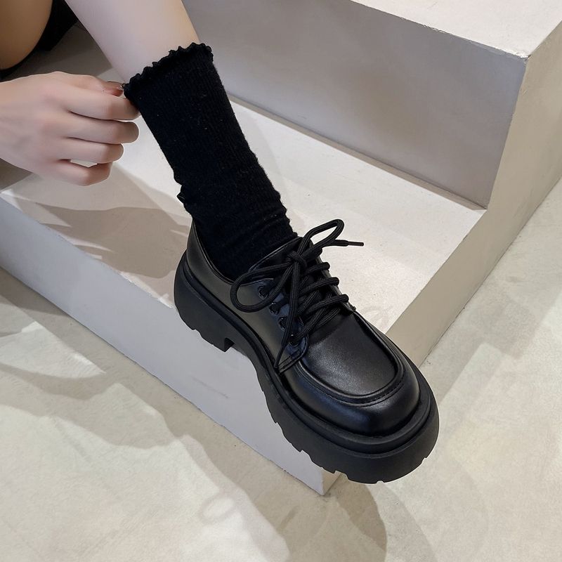 红蜻蜓牌英伦风厚底小皮鞋女2023新款百搭黑色单鞋松糕平底乐福鞋