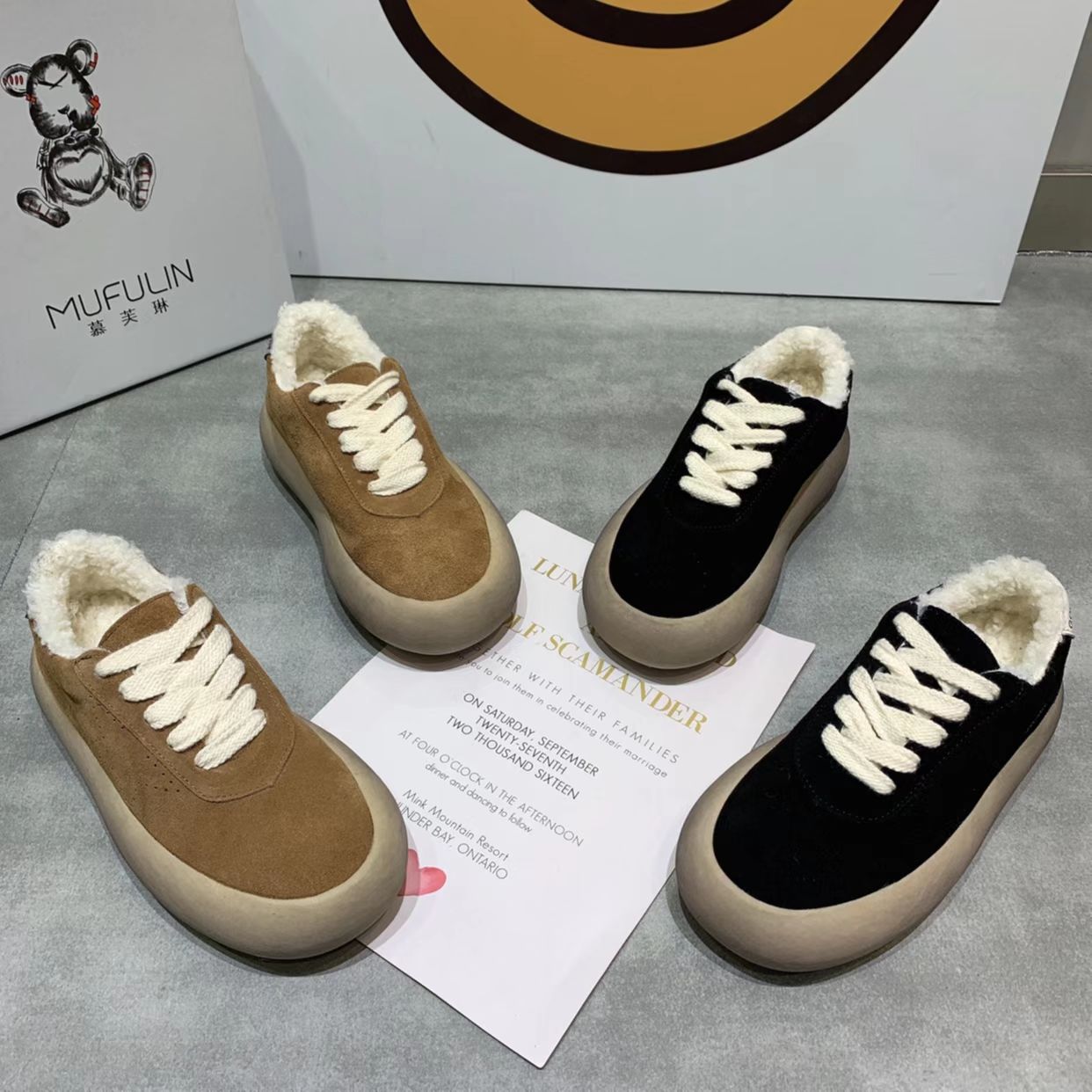 红蜻蜓牌厚底脏脏丑萌毛毛面包鞋女冬季加绒保暖2023新款爆款二棉