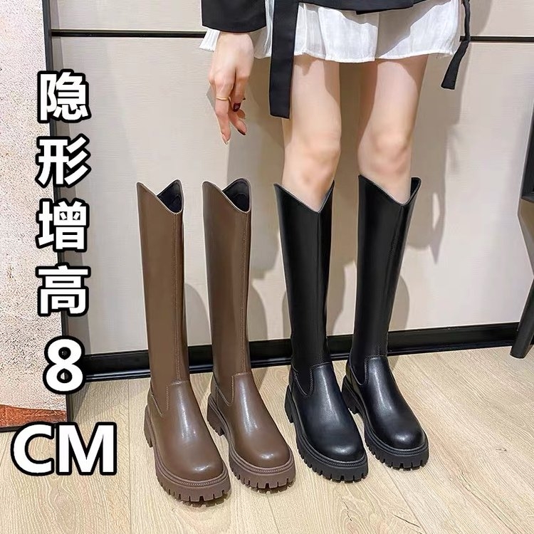 红蜻蜓牌小个子长筒150不过膝内增高长靴女冬加绒骑士靴子黑色中