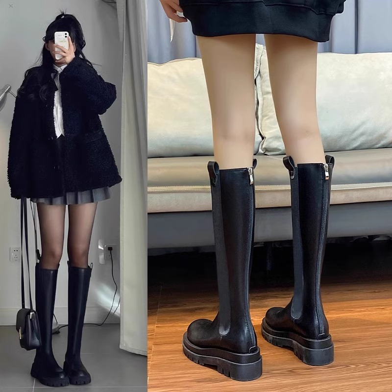 红蜻蜓牌香港真皮长筒靴女2023秋冬马丁靴瘦瘦小个子细腿高筒靴骑