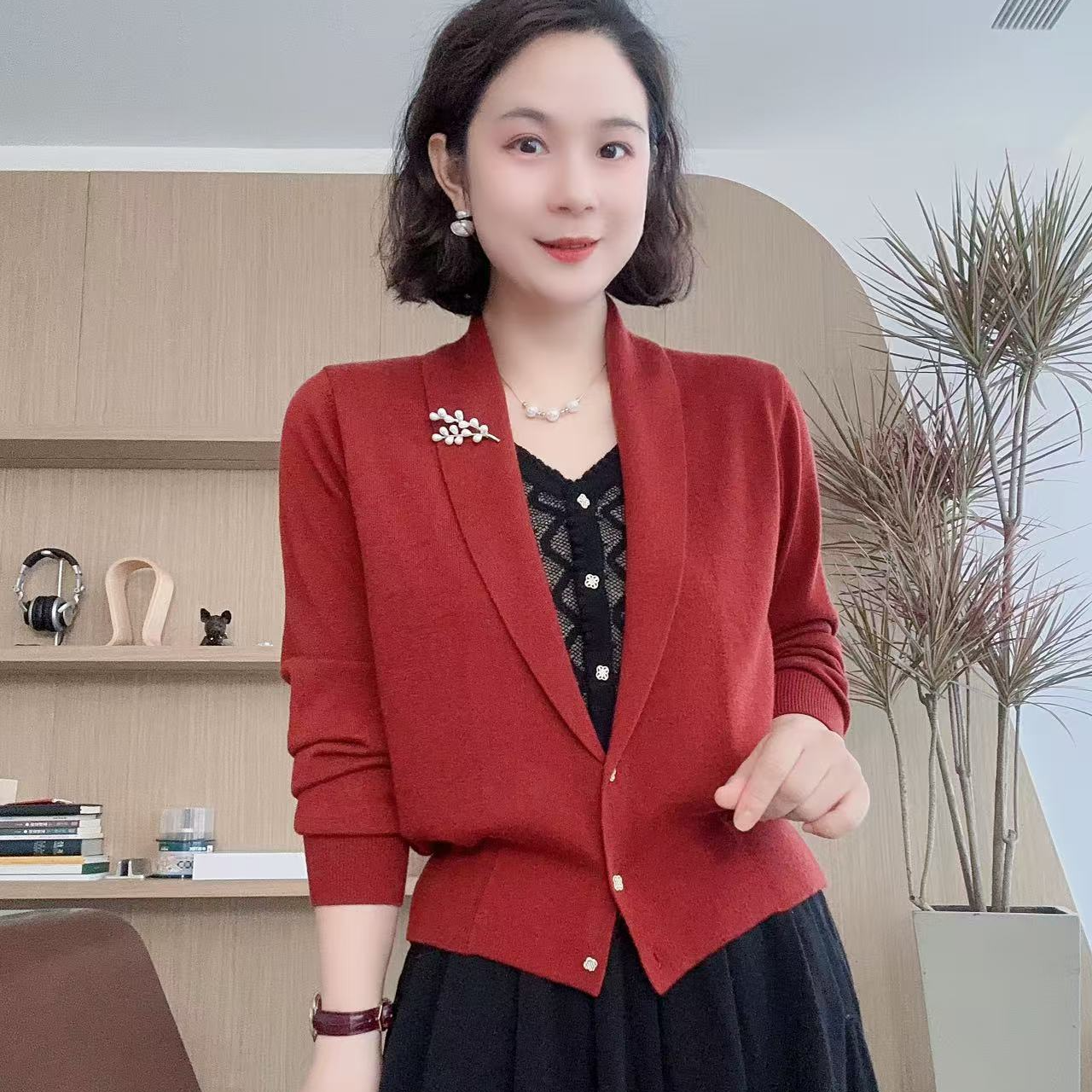 LVMU/吕木长袖V领针织假两件秋冬新款时尚百搭贵气#DQ6571