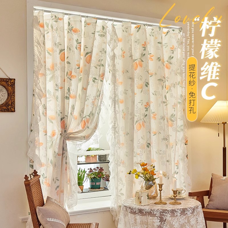 法式窗帘2023新款纱帘免打孔伸缩杆卧室飘窗女梦幻帘透光不透人