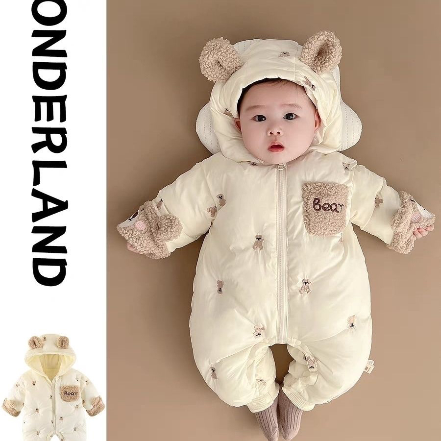 2025新款婴儿冬季外出服加绒可爱时尚保暖婴幼儿夹棉连体衣包衣潮
