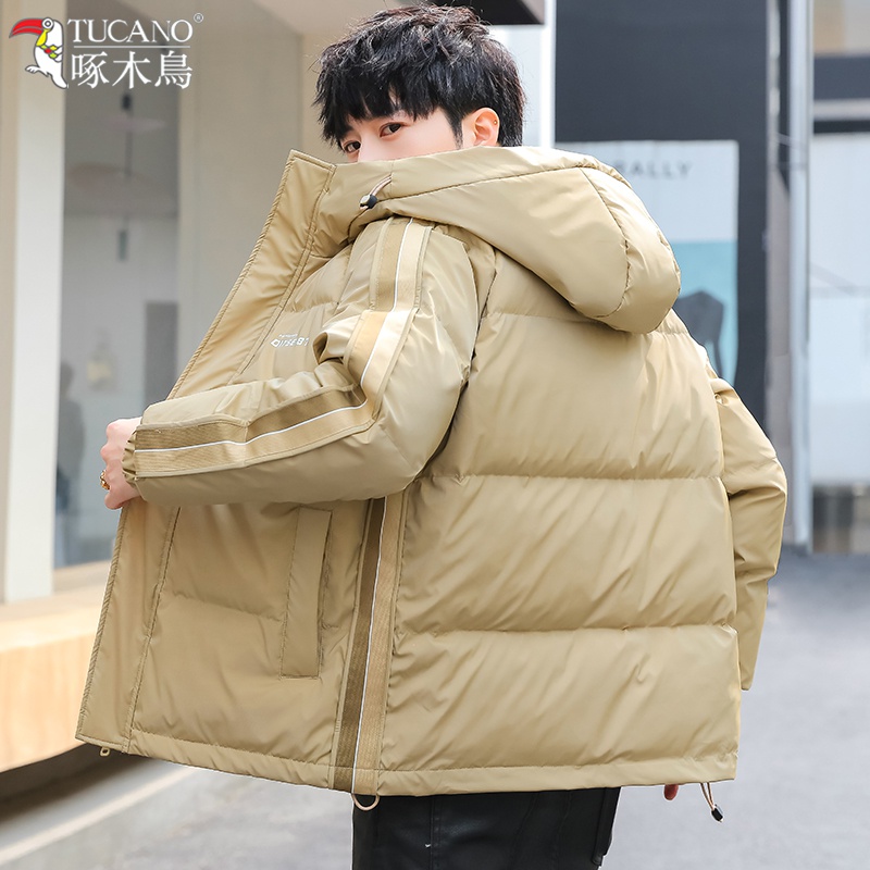 啄木鸟冬季男士连帽加厚羽绒服青少年休闲纯色时尚宽松潮流保暖