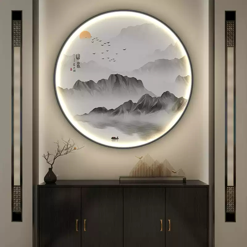 玄关装饰画高级感灯画大气山水画客厅挂画新中式圆形壁画流水生财