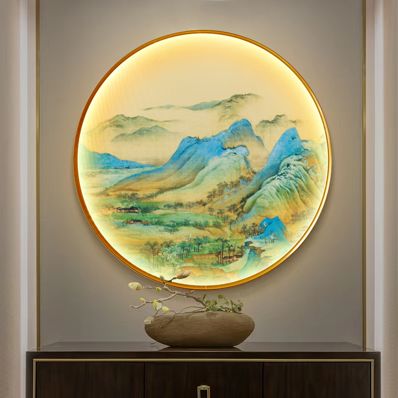 新中式入户玄关挂画客厅背景山水装饰画千里江山图圆形发光带灯画