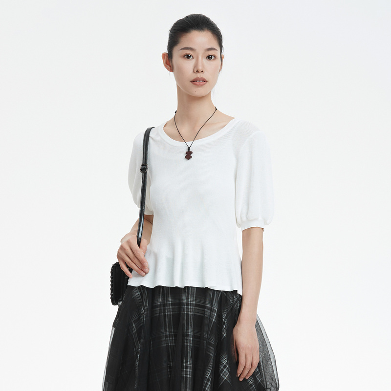S·DEER圣迪奥夏季套头纯色白色甜美圆领泡泡袖针织衫S22283501