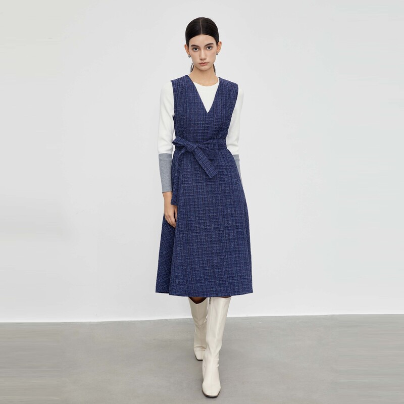 【粉丝专享】圣迪奥时尚小香风套装格纹无袖中长款连衣裙S23461201