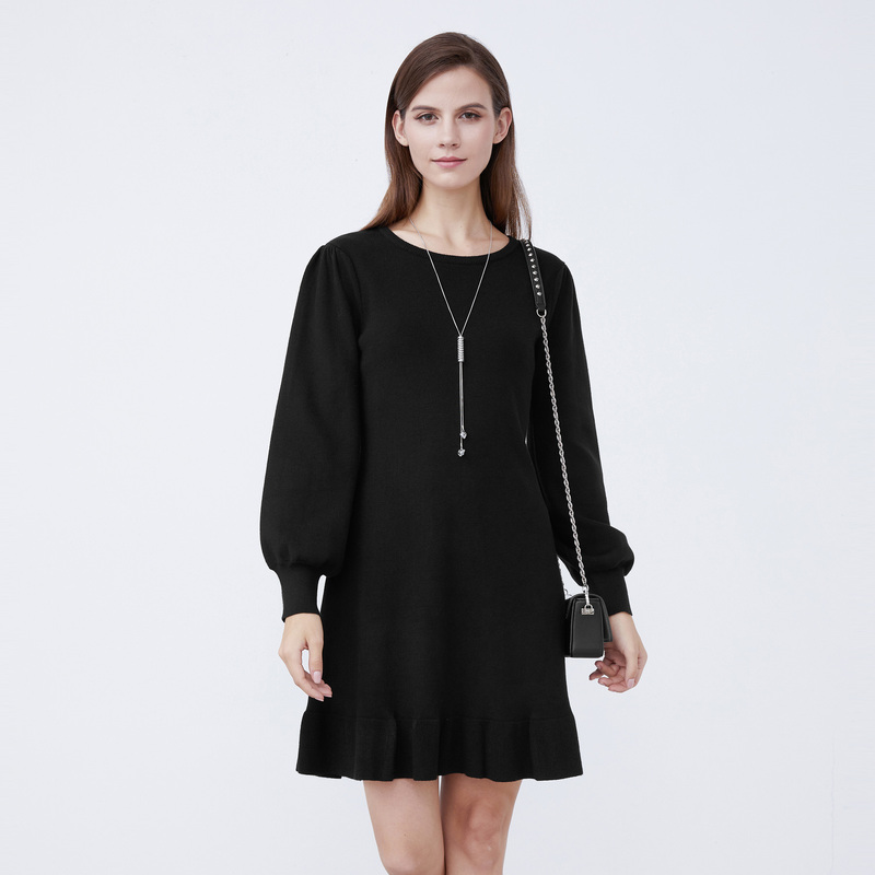 【粉丝专享】圣迪奥罗纹圆领不规则黑色长款针织衫S21483503