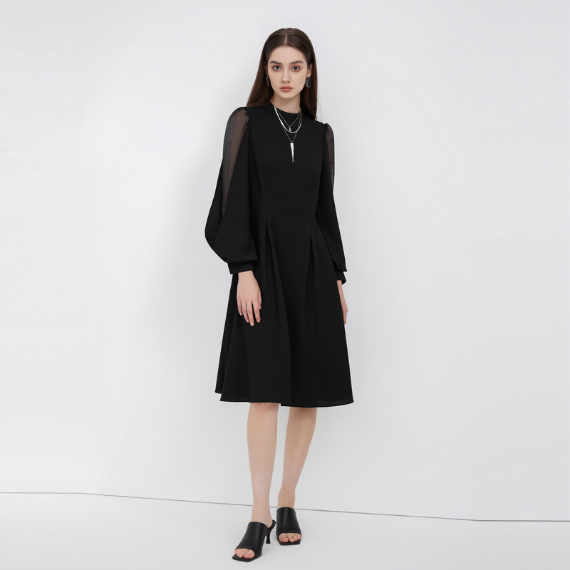 【李易行】sdeer圣迪奥圆领网纱黑色泡泡袖连衣裙S223Z125X