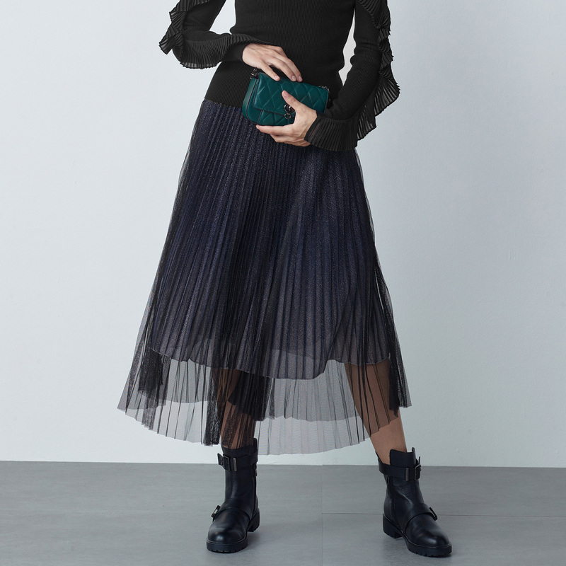 【粉丝专享】圣迪奥中长款渐变百褶网纱不规则长裙S221Z1101