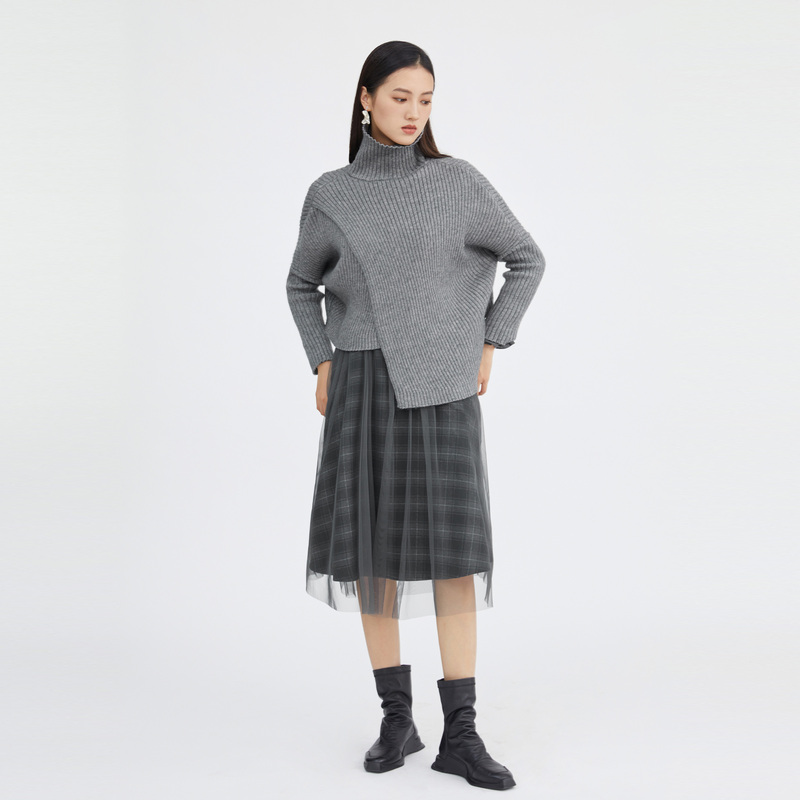 【粉丝专享】圣迪奥秋冬网纱格纹高领针织真两件连衣裙S223Z1442
